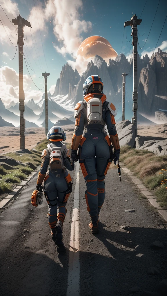 rear angle, Highly detailed RAW color Photo, Rear Angle, Full Body, of (female space soldier, wearing orange and white space suit, helmet, tined face shield, rebreather, accentuated booty), outdoors, (looking up at advanced alien structure, on alien planet), toned body, big butt, (sci-fi), (mountains:1.1), (lush green vegetation), (two moons in sky:0.8), (highly detailed, hyperdetailed, intricate), ((DAY TIME)), (lens flare:0.7), (bloom:0.7), particle effects, raytracing, cinematic lighting, shallow depth of field, photographed on a Sony a9 II, 50mm wide angle lens, sharp focus, cinematic film still from Gravity 2013, from behind