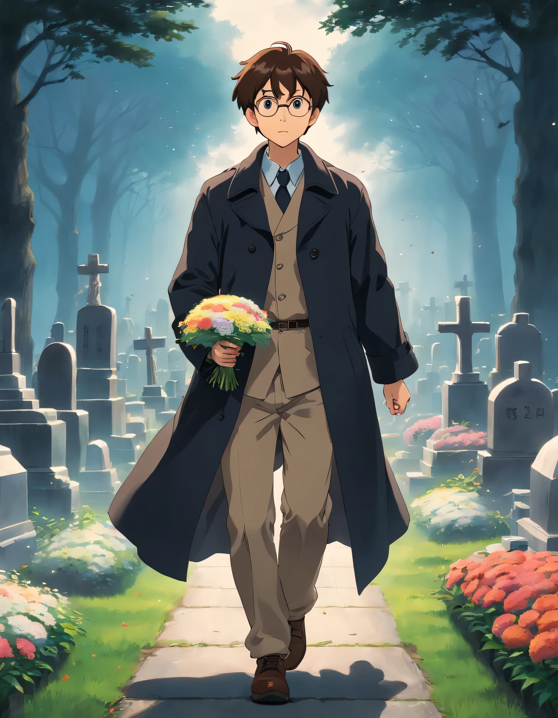 SIDE VIEW, SIDE ANGLE, a worried man with short brown hair, wearing a long black trench coat, holding a bouquet of flowers in hhis hand, running through a cemetery on a dark cloudy day, motion blur, falling leaves, mist, (best quality,4k,8k,highres,masterpiece:1.2),ultra-detailed,(realistic,photorealistic,photo-realistic:1.37),highly detailed facial features,extremely detailed eyes and face,longeyelashes,dramatic lighting,moody atmosphere,cinematic composition,emotional,somber,melancholic