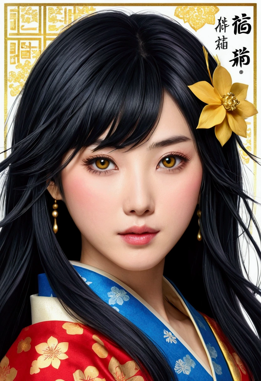 Nengajo: The Japanese New Year's Card,Happy New Year,New Year, ,shimabara yuuhi,lips gloss,blue black hair,short disheveled bangs,jagged cowlick,long locks,medium hair,thick eyebrows,sharp yellow eyes