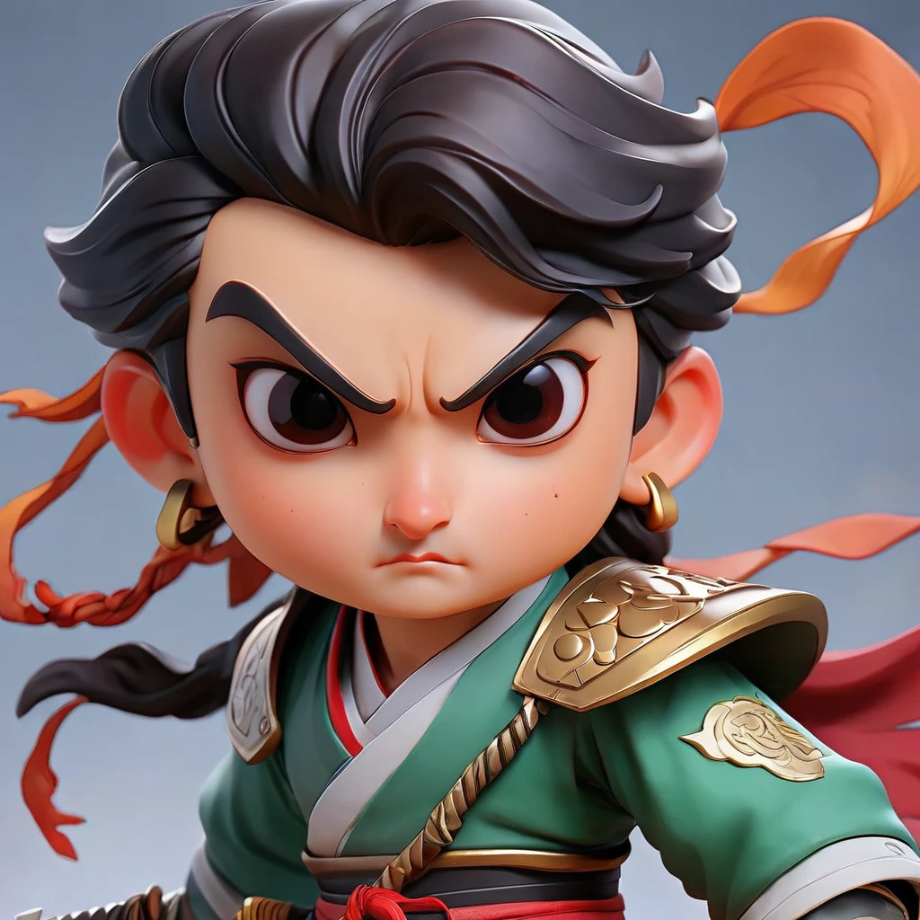 Q version,Two-dimensional character design,2 head body character,Zhao Yun,male,Middle-aged people,Fierce expression,45 degree side,front,back,game character,Three Kingdoms Characters,Long gun