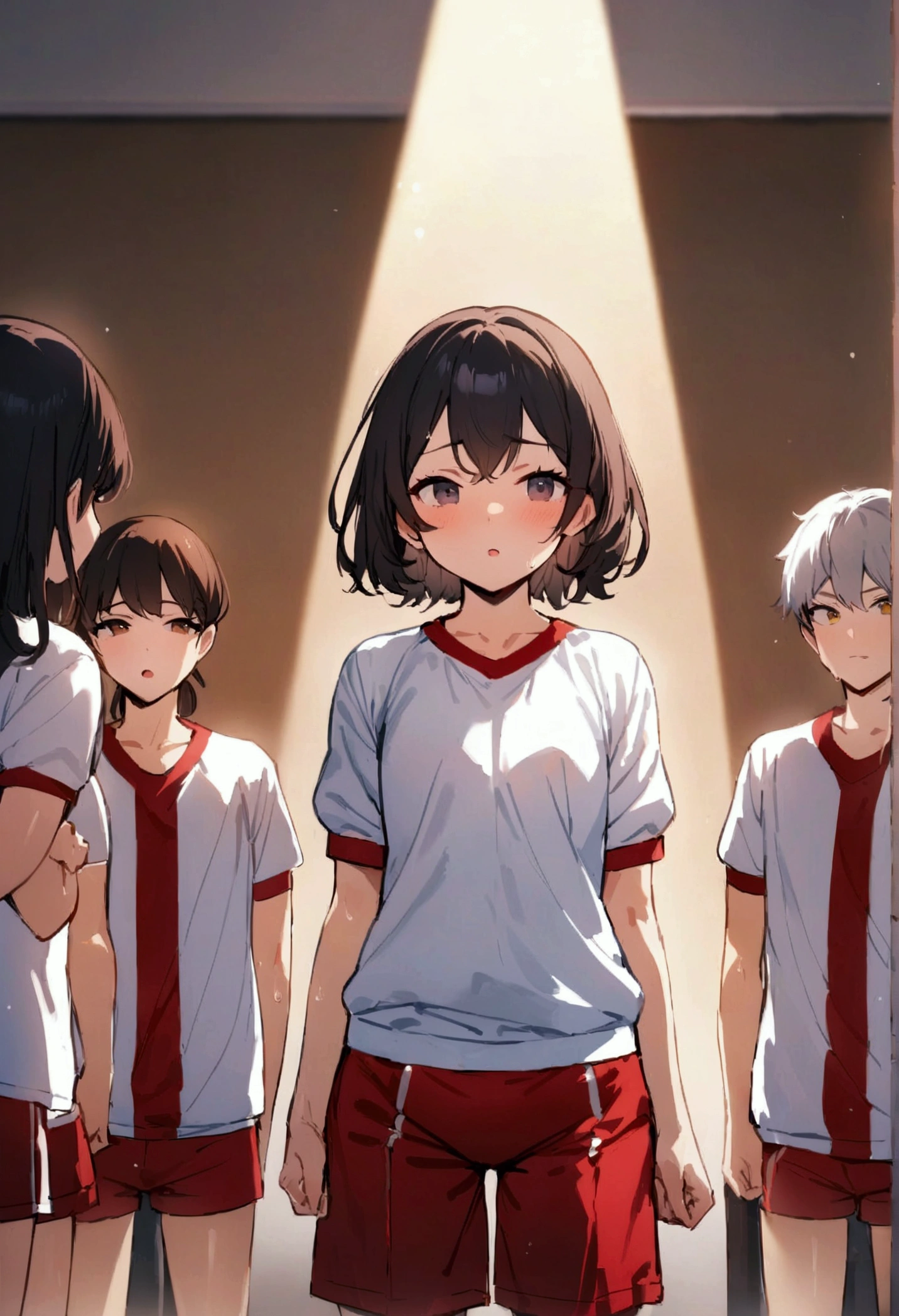 masterpiece,Highest quality,Super quality,Dark hair color,13-15 years old,White gym clothes,Red shorts,Physical education class,School gym,The bra is slightly visible