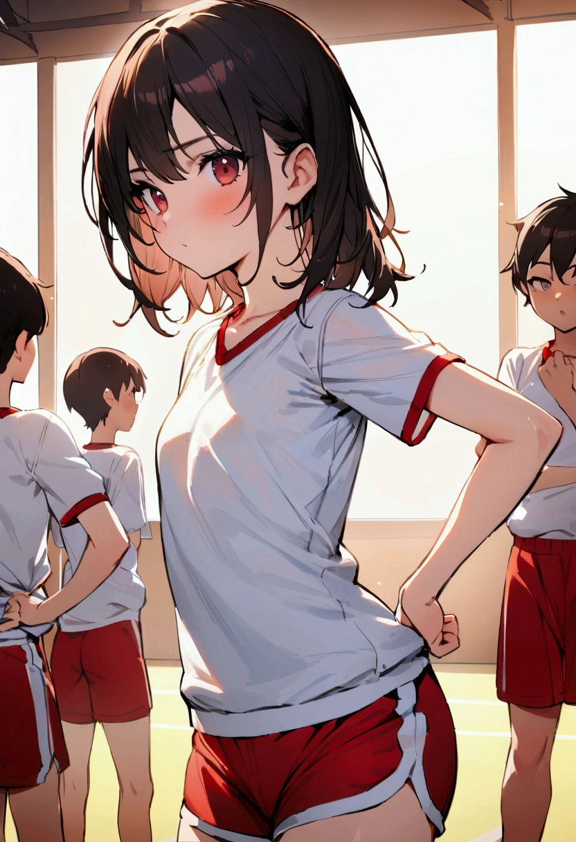 masterpiece,Highest quality,Super quality,Dark hair color,13-15 years old,White gym clothes,Red shorts,Physical education class,School gym,The bra is slightly visible
