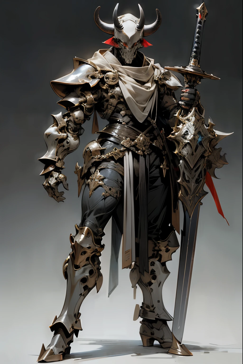 Cow skull helmet,Full body metal armor,Muscular々,A huge black sword,One person,Warrior,Combat Ready,Hoof Boots,