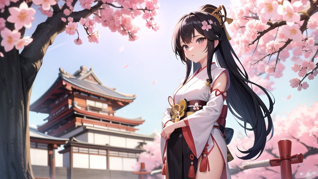 Cute Samurai Girl, Cherry blossom tree in the background