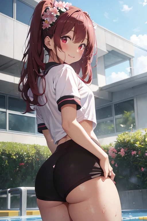 (nsfw),masterpiece,ultra detailed,sharp focus,4k digital art,high resolution,(back shot,from behind),(happy and blushed:1.7),tareme,(gyaru,gal,adult beautiful face,curvy adult body:1.3),(from above,upskirt:1.4),(school cardigan:1.3),dress shirt,black cotton socks,(navy and pleated skirt:1.2),bow tie,(blonde hair,side ponytail),(dark skin),outdoor,public park,(sweaty:1.2),grinning,(trembling,flying heart-shapes),(crawling on ground and spreading legs),(sexy and laced red tanga:1.3),loafers,crowd in background,gigantic ass,drooling,heart pupils