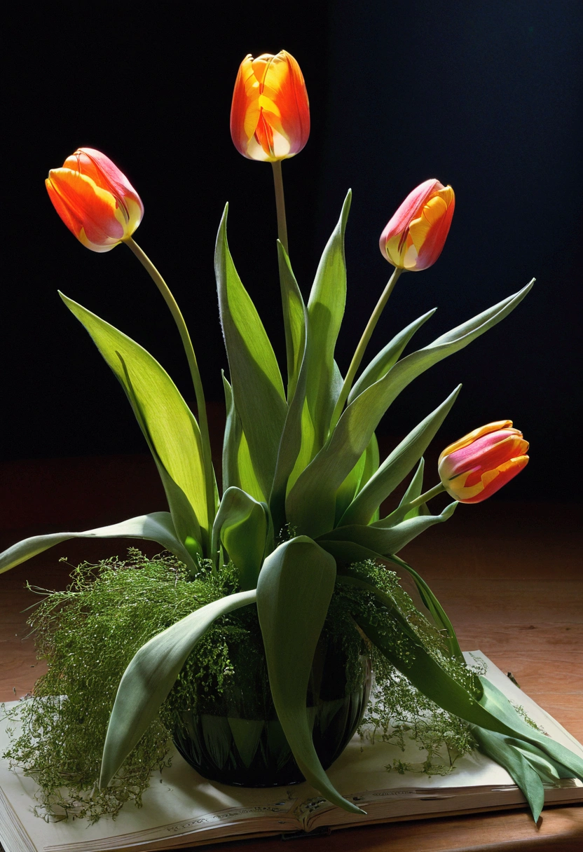 Tulip, by Del Kathryn Barton, cinematic still, chiaroscuro, dynamic, surreal, (best quality, masterpiece, photorealistic), very aesthetic, perfect composition, intricate details, ultra-detailed, vivid colors