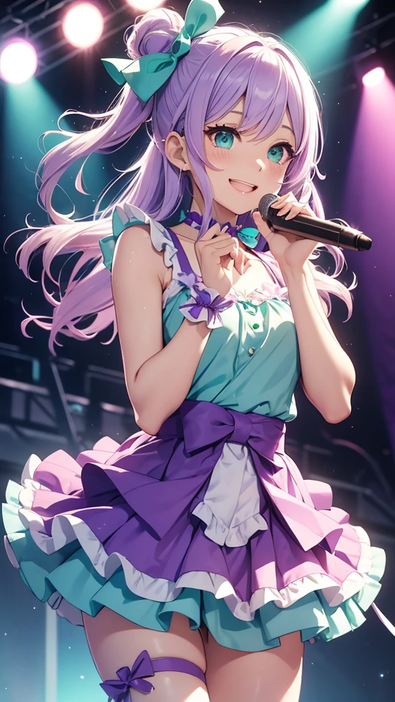 Light purple hair　Green Eyes　Idol Costumes　Live Performance Venues　smile　Tank top style idol dress　Frilly Japanese-style skirt　Turquoise outfit　Light blue ribbon on side of hair　White knee-high　Long Wavy Hair　less muscular　Ribbon choker around the neck　Sing while running　Don&#39;t show your belly button　Wink　Frilly ribbon on the chest　Sparkling　Love Live-like outfit　Small breasts