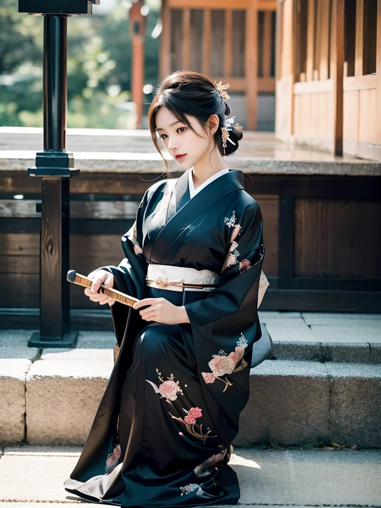 best quality, 8k, very delicate and beautiful, highly detailed face and skin texture, shiny skin, high resolution, beautiful japanese girl in black kimono grab a sword in japanese temple, full body, sharp focus