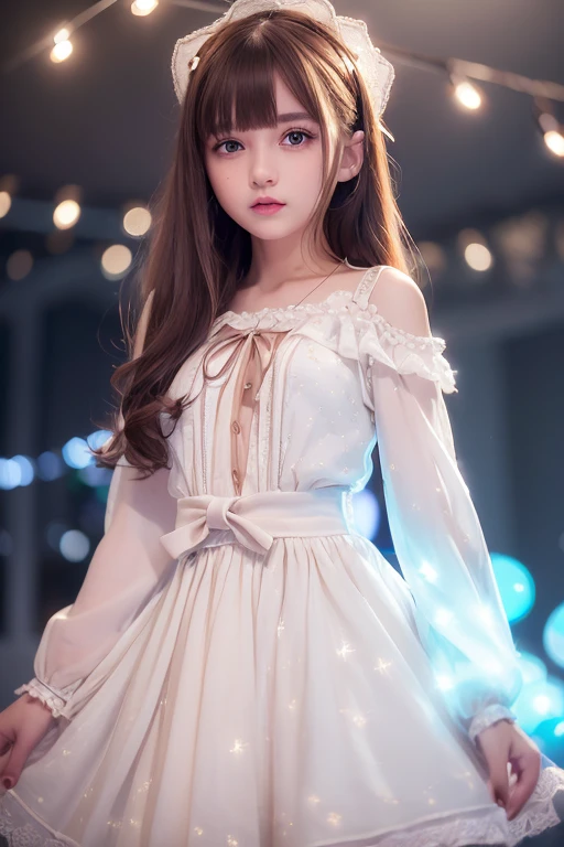 (extremely delicate and beautiful: 1.2), 1girl 21 years old in bkini bangs, blue eyes, blur, blur background, bow, brown hair, shut up, side view, hair between eyes, hair bow, lantern, light particles, long sleeves, look looking at audience, medium hair, night, red bow, solo, stars(symbol), upper body, smile, red lips