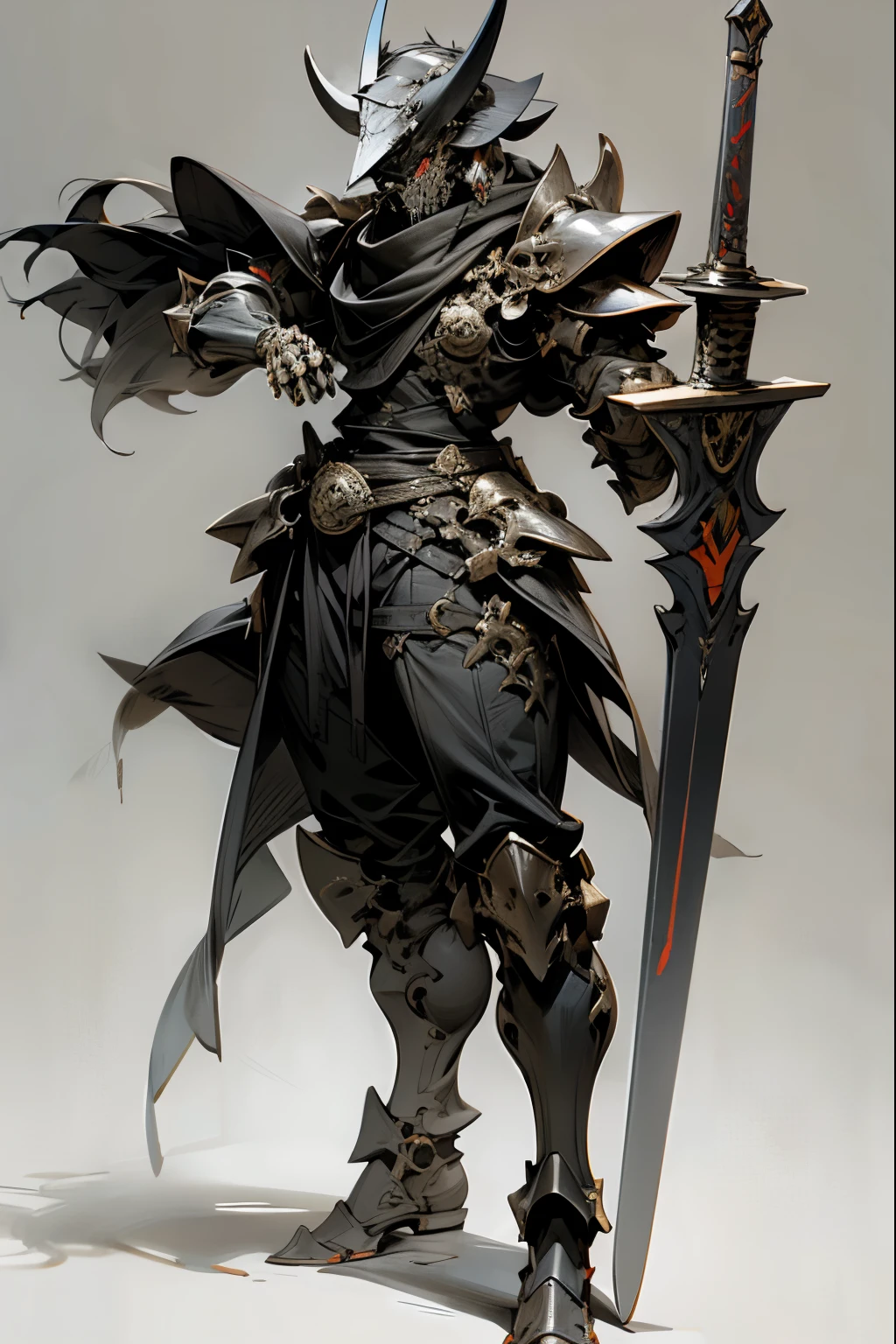 Cow skull helmet,full body armor,Muscular々,Big black sword,One person,Warrior,Combat Ready