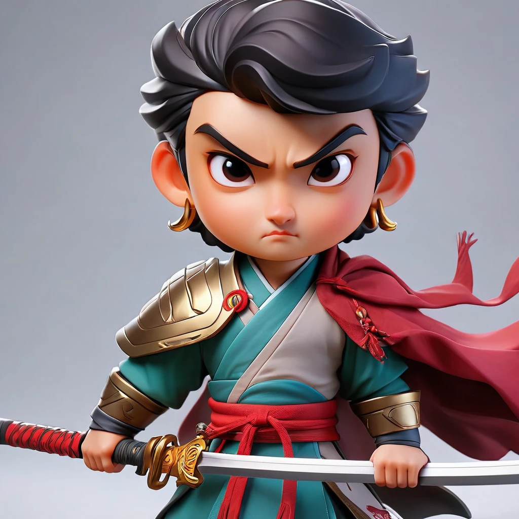Q version,Two-dimensional character design,2 head body character,Zhao Yun,male,whole body,Middle-aged people,Serious expression,45 degree side,front,back,game character,Three Kingdoms Characters,Long gun