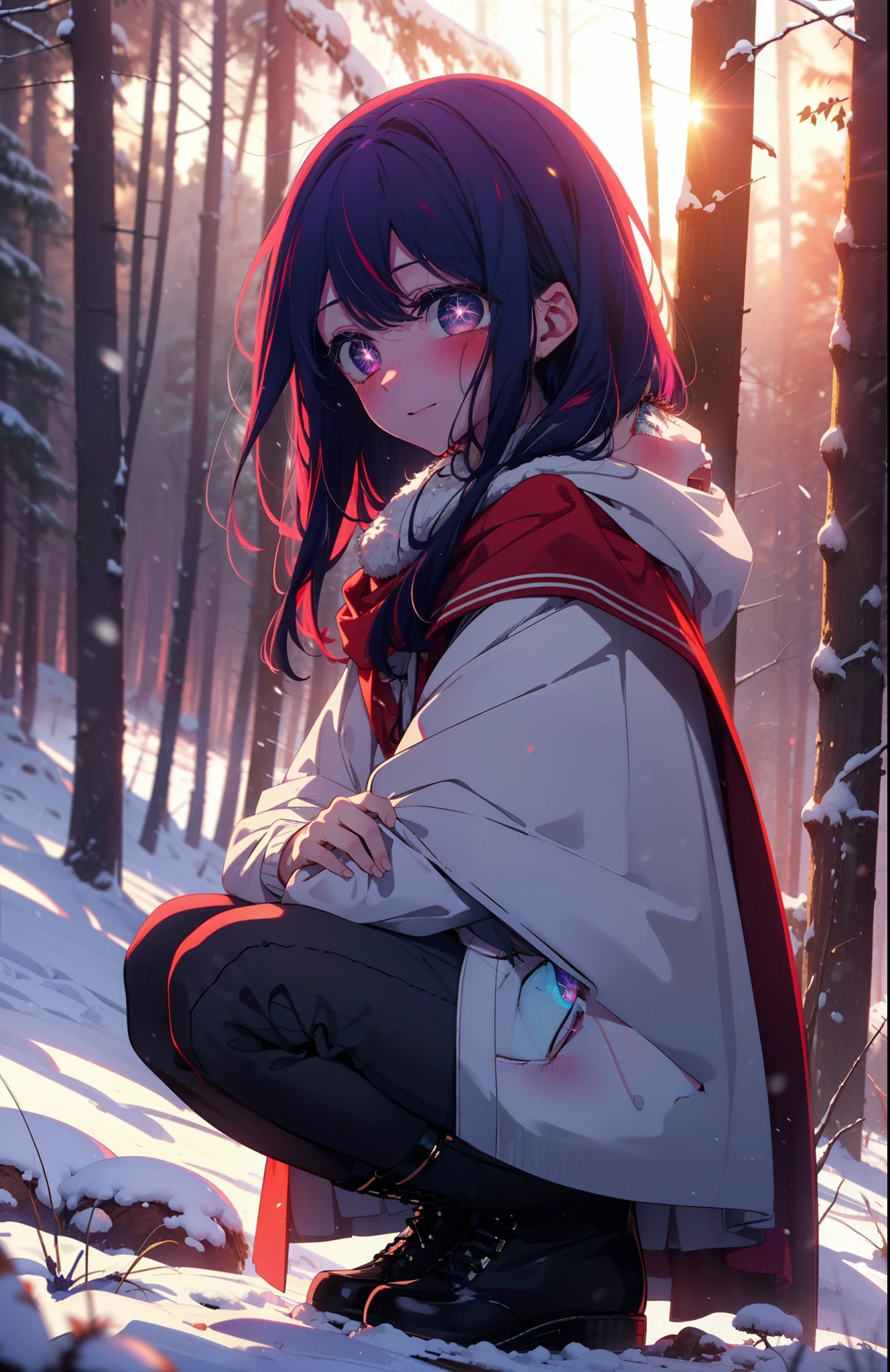 aihoshino, Ai Hoshino, Long Hair, bangs, (Purple eyes:1.1), Purple Hair, (Symbol-shaped pupil:1.5), smile,,smile,blush,white breath,
Open your mouth,snow,Ground bonfire, Outdoor, boots, snowing, From the side, wood, suitcase, Cape, Blurred, , forest, White handbag, nature, Squat, Mouth closed, Cape, winter, Written boundary depth, Black shoes, red Cape break looking at viewer, Upper Body, whole body, break Outdoor, forest, nature, break (masterpiece:1.2), Highest quality, High resolution, unity 8k wallpaper, (shape:0.8), (Beautiful and beautiful eyes:1.6), Highly detailed face, Perfect lighting, Extremely detailed CG, (Perfect hands, Perfect Anatomy),
