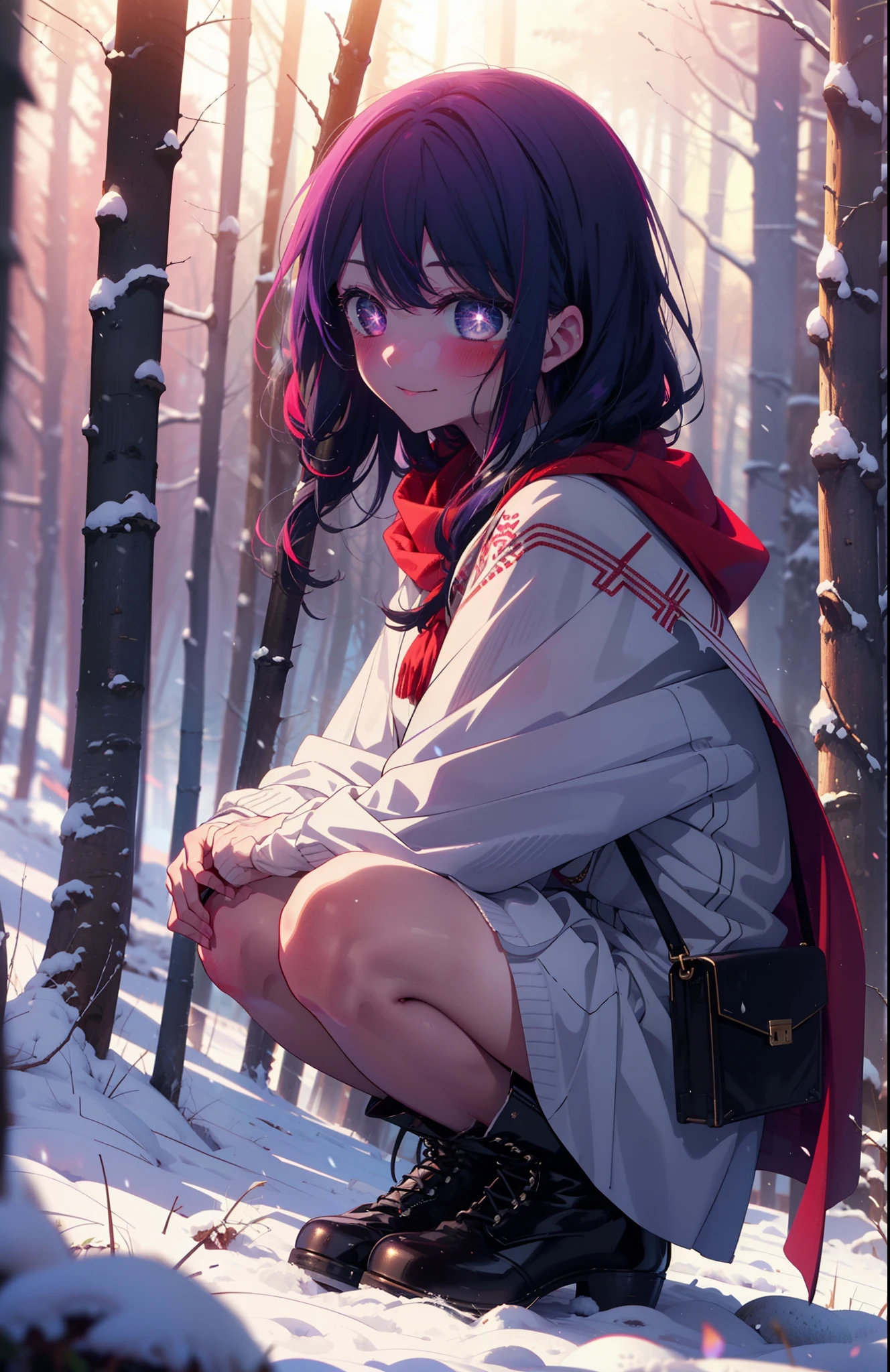 aihoshino, Ai Hoshino, Long Hair, bangs, (Purple eyes:1.1), Purple Hair, (Symbol-shaped pupil:1.5), smile,,smile,blush,white breath,
Open your mouth,snow,Ground bonfire, Outdoor, boots, snowing, From the side, wood, suitcase, Cape, Blurred, , forest, White handbag, nature,  Squat, Mouth closed, Cape, winter, Written boundary depth, Black shoes, red Cape break looking at viewer, Upper Body, whole body, break Outdoor, forest, nature, break (masterpiece:1.2), Highest quality, High resolution, unity 8k wallpaper, (shape:0.8), (Beautiful and beautiful eyes:1.6), Highly detailed face, Perfect lighting, Extremely detailed CG, (Perfect hands, Perfect Anatomy),