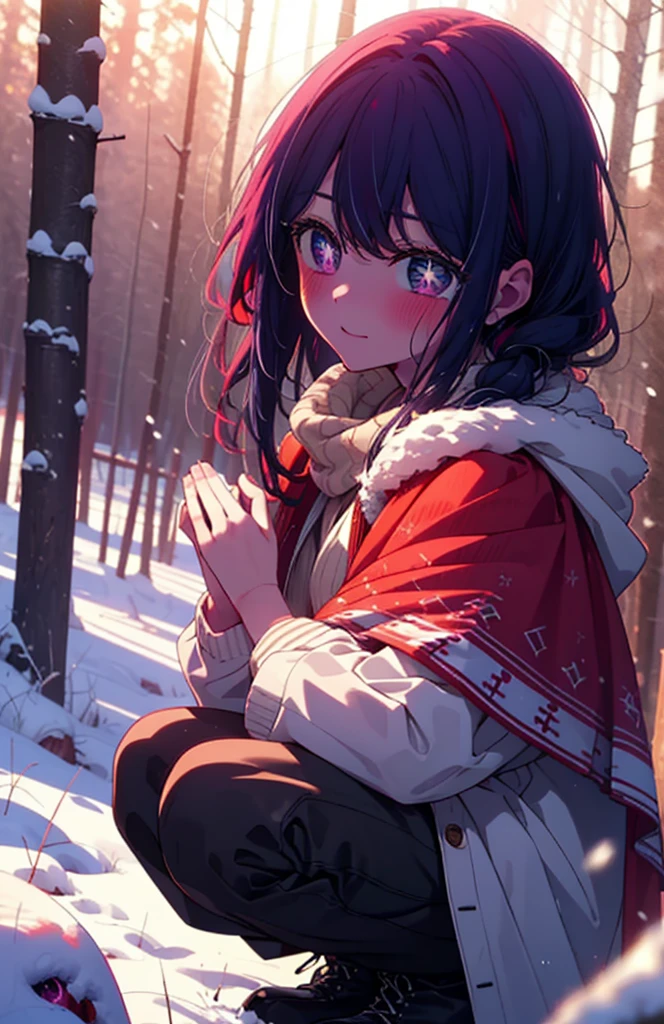 aihoshino, Ai Hoshino, Long Hair, bangs, (Purple eyes:1.1), Purple Hair, (Symbol-shaped pupil:1.5), smile,,smile,blush,white breath,
Open your mouth,snow,Ground bonfire, Outdoor, boots, snowing, From the side, wood, suitcase, Cape, Blurred, , forest, White handbag, nature, Squat, Mouth closed, Cape, winter, Written boundary depth, Black shoes, red Cape break looking at viewer, Upper Body, whole body, break Outdoor, forest, nature, break (masterpiece:1.2), Highest quality, High resolution, unity 8k wallpaper, (shape:0.8), (Beautiful and beautiful eyes:1.6), Highly detailed face, Perfect lighting, Extremely detailed CG, (Perfect hands, Perfect Anatomy),
