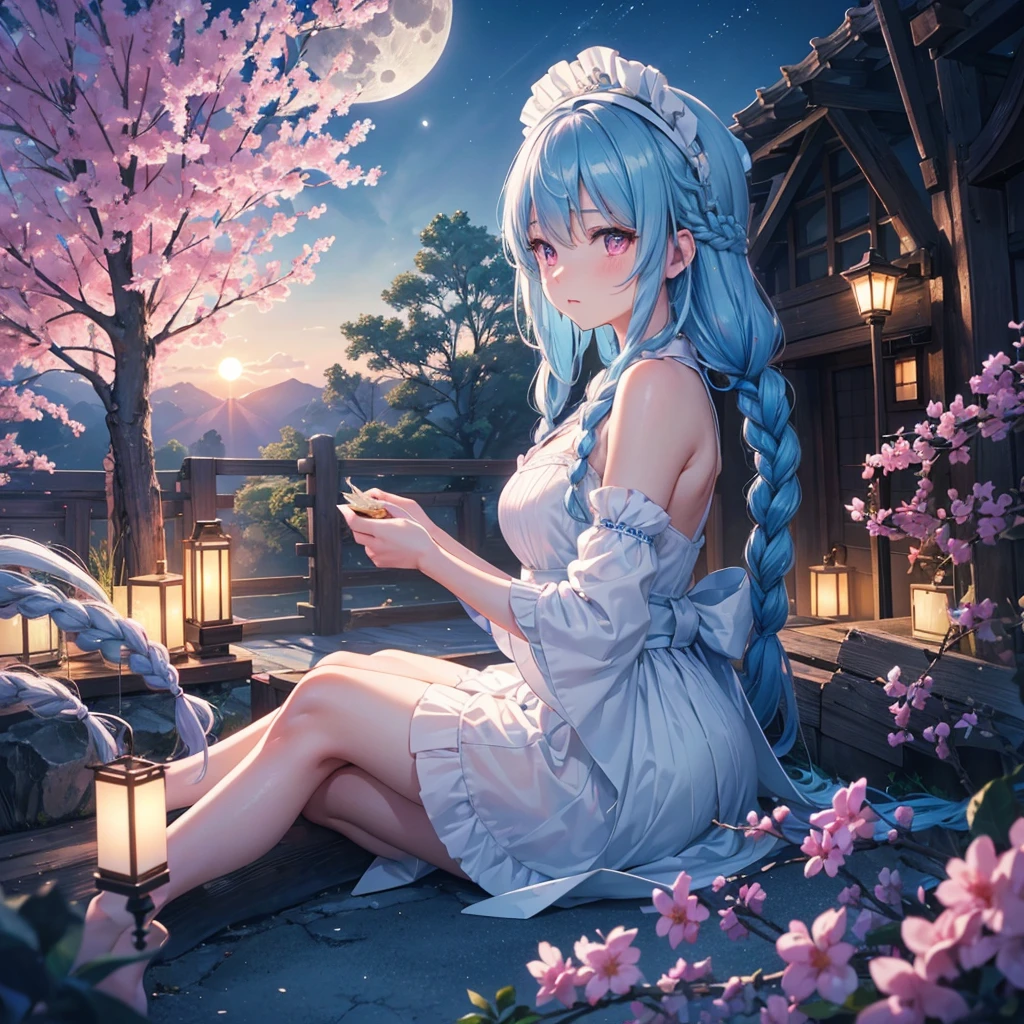 Sky blue hair, (1 braided hair), (Pink eyes),Fair skin)  ,(whole body),(One Girl),(White sweet dumplings ),Japanese pampas grass,night,full moon,(beautiful, night空に輝くfull moon),(masterpiece, Highest quality, Very detailed, Best Shadow), (Detailed Background), (Beautifully detailed face), High Contrast, (Best lighting, Very delicate and beautiful), ((Cinematic Light)), Hyper Detail,8k, Dramatic Light, Intricate details,Sit down and eat dumplings,