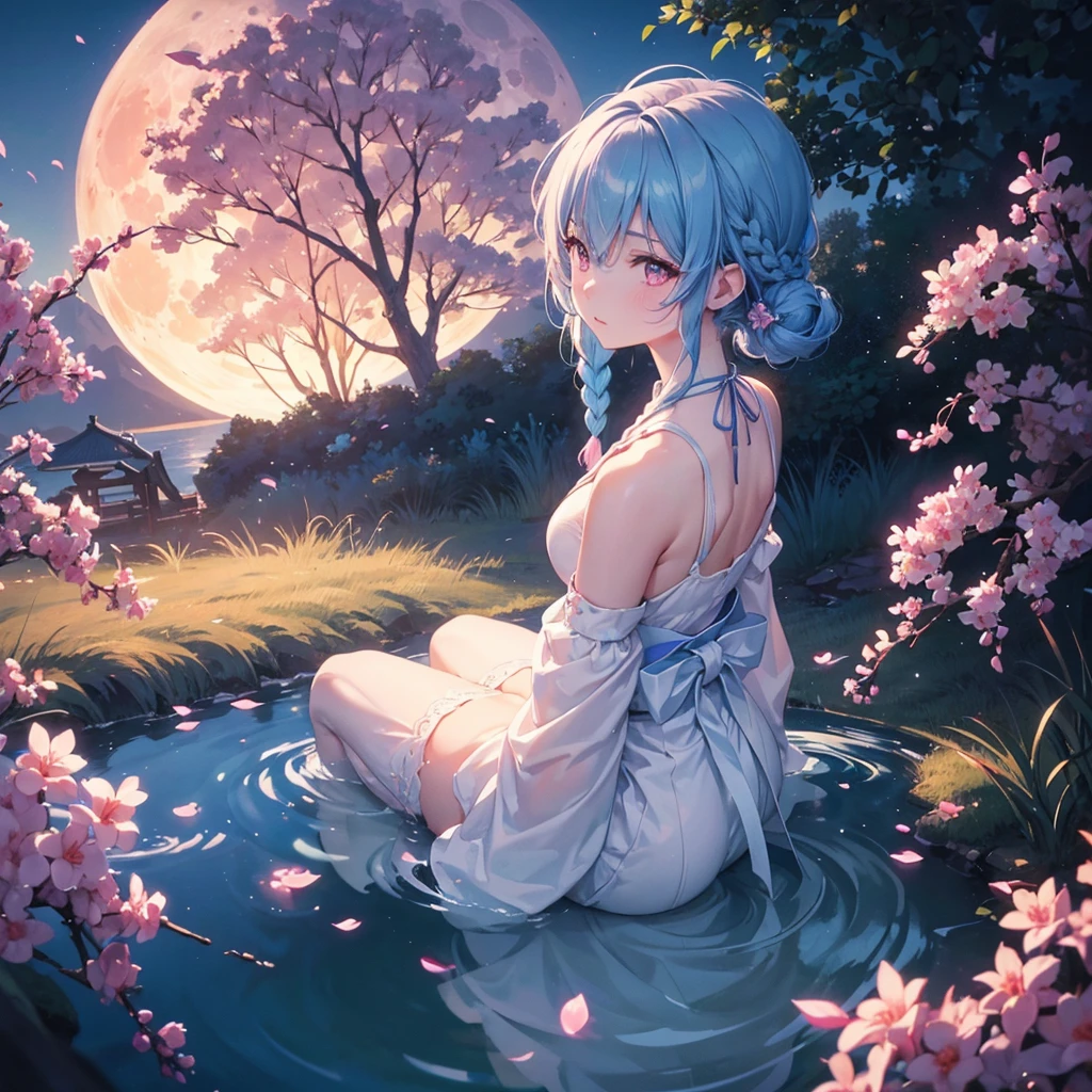 Sky blue hair, (1 braided hair), (Pink eyes),Fair skin) ,(whole body),(One Girl),(White sweet dumplings ),Japanese pampas grass,night,full moon,(beautiful, night空に輝くfull moon),(masterpiece, Highest quality, Very detailed, Best Shadow), (Detailed Background), (Beautifully detailed face), High Contrast, (Best lighting, Very delicate and beautiful), ((Cinematic Light)), Hyper Detail,8k, Dramatic Light, Intricate details,Sit down and eat dumplings,
