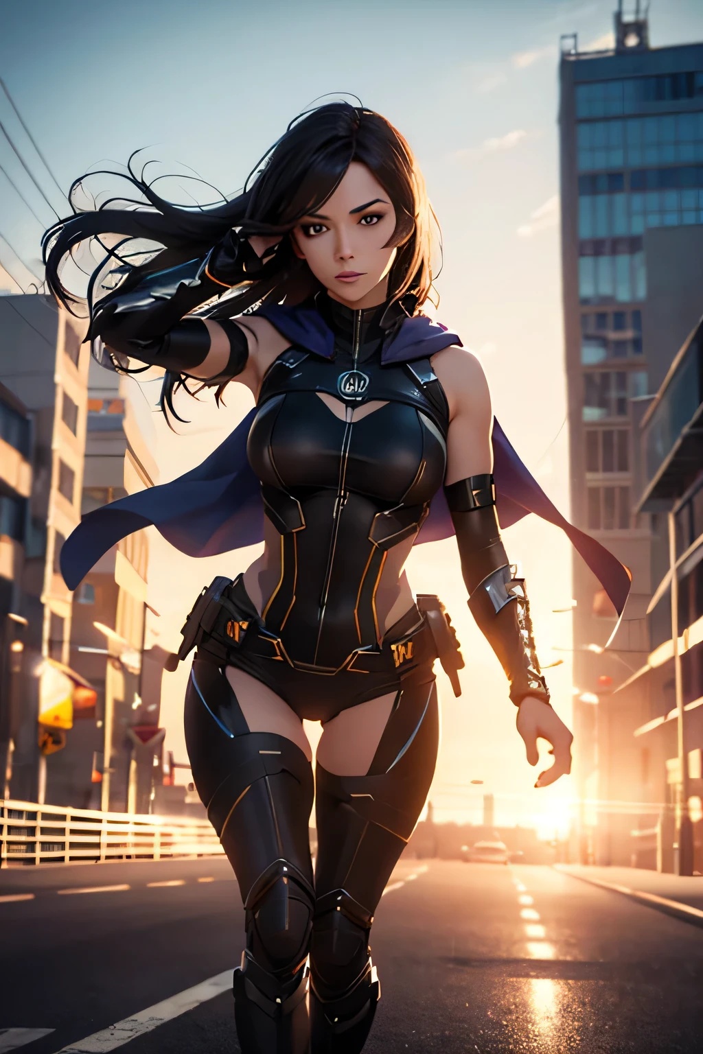 A superheroine wearing skimpy outfit, sleeveless, long hair, flying through city, chasing villains, no cape, no mask, dynamic pose, 3d, (8k), detailed texture,(hyperdetailed), (photo realistic), cinematic light, cinematic action, highly detailed, realistic, Isometric, full body, in frame, driven expression, dark theme, (extremely detailed eyes), detailed symmetric realistic face, extremely detailed natural texture, masterpiece, extremely detailed, amazing, fine detail, rich colors, hyper realistic lifelike texture, dramatic lighting, unreal engine, trending on art station, photo realistic, RAW photo, high quality, high res, sharp focus, extremely detailed, cinematic lighting, 8k, high definition, cinematic, neoprene, unreal engine 5, ultra sharp focus