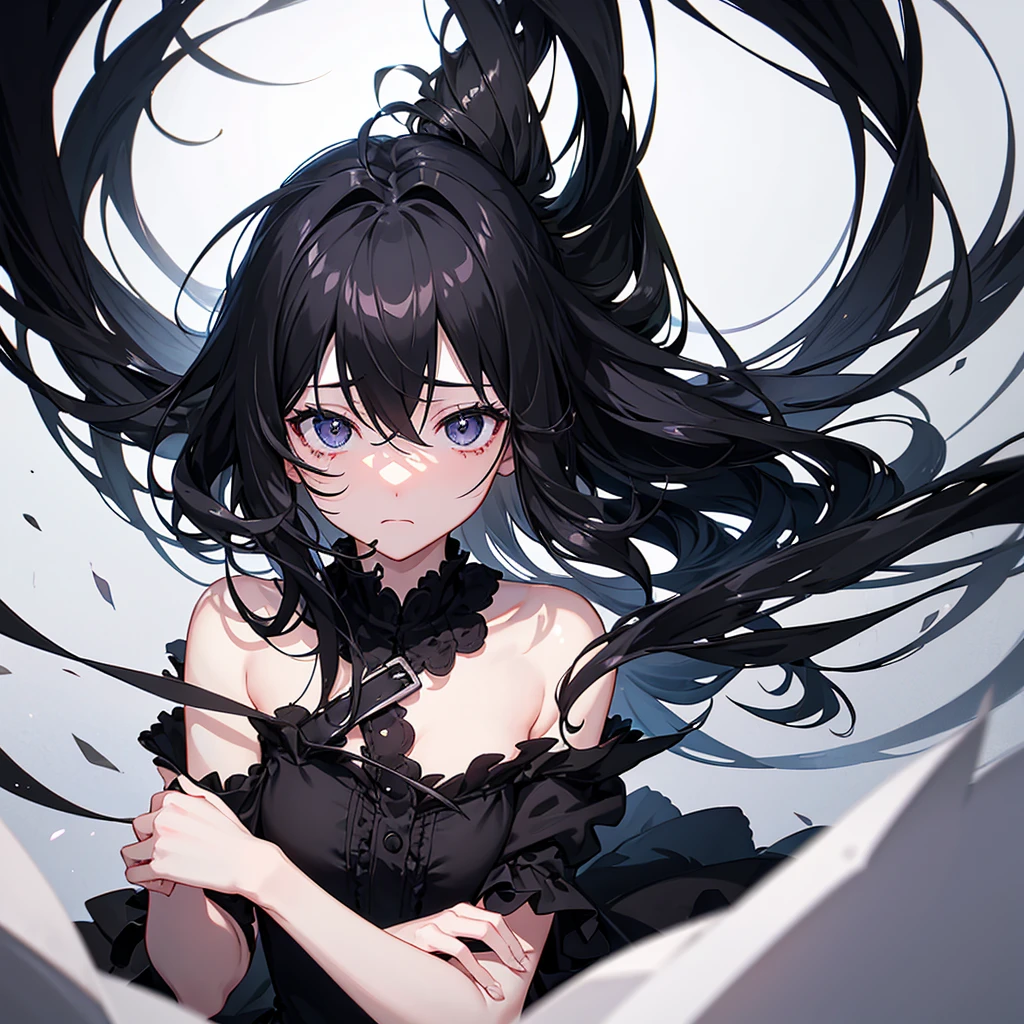 Are depressed、Sick illustration、Girl、Black Hair、My eyes are watery and I turn off the light、No light in my eyes、Sad and painful feelings、Wearing a black dress、一人のGirl、Black background