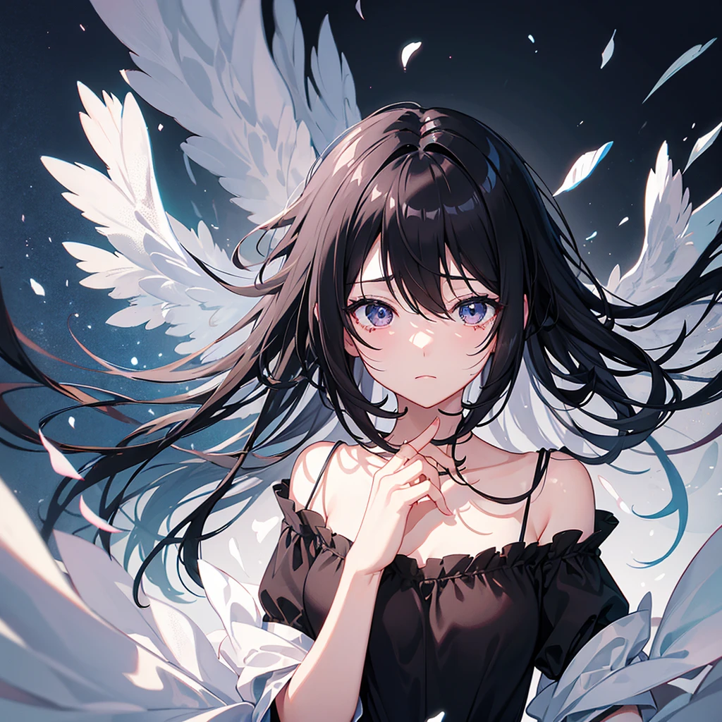 Are depressed、Sick illustration、Girl、Black Hair、My eyes are watery and I turn off the light、No light in my eyes、Sad and painful feelings、Wearing a black dress、一人のGirl、Black background