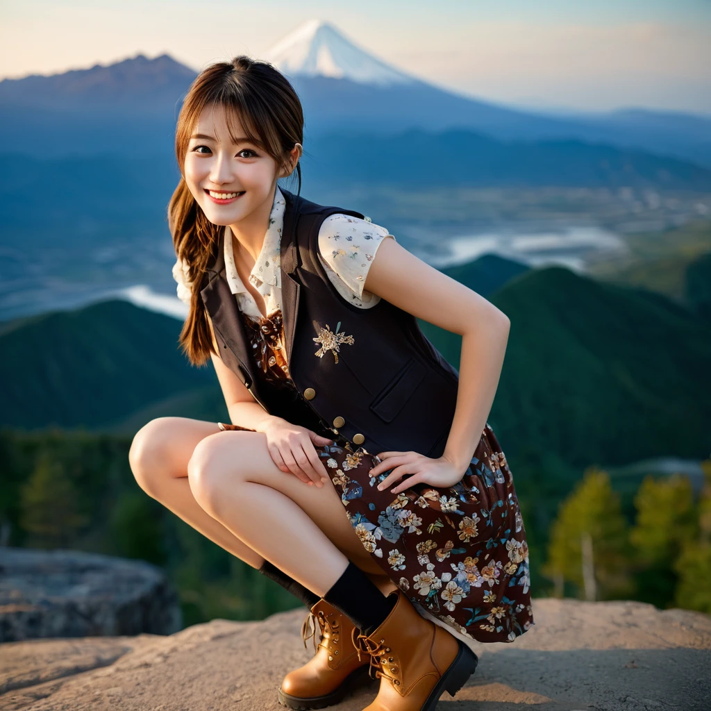 master piece,own hugging feet,Highest quality,Very detailed,Nikon D850 film stock photo, 1 1 1.6 Lenses, Rich colors, Realistic, Cinestill 800, Backlight, Rim Light, Studio Lighting,a girl, one girl,solo focus,alone,8k,raw photo,Japanese women,Age 25,Fair skin,Beautiful eyes,Clear,Detailed eyes,smile,teeth,side ponytail(brown),g cup bust,(Floral print dress:1.3), (Vest:1.2), Ankle boots,background:mountain,one girl