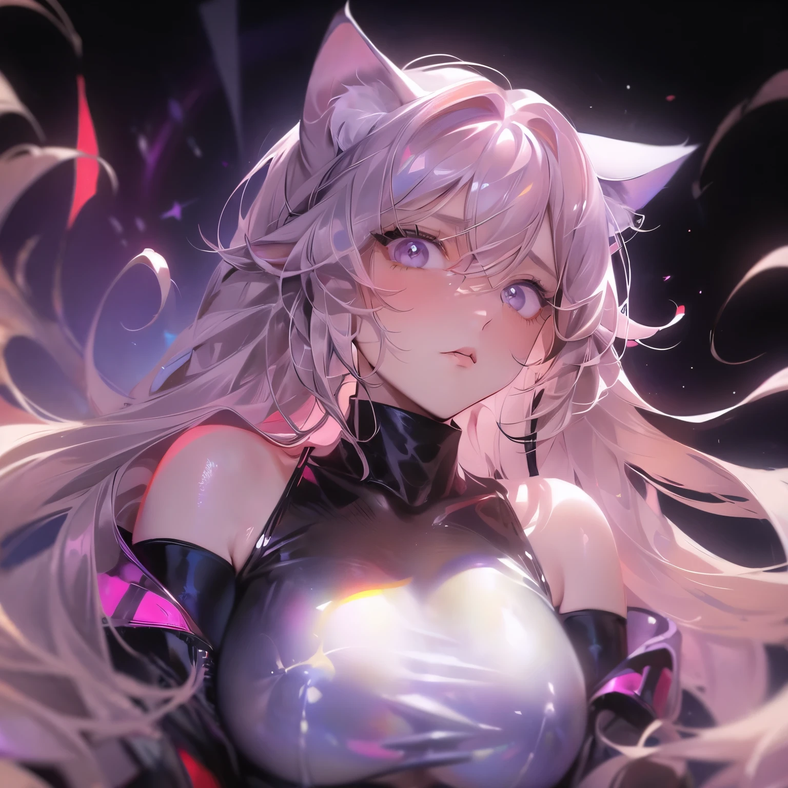 (masterpiece, best quality), ((1 Girl, (Mature female) Long hair), (Star-shaped pupil,  +_+, Symbol-shaped pupil, Bright Eyes), (Cat ears, Open your mouth)), (Looking at the audience, A faint smile, Off-shoulder), (Abstract, Multicolored background, Abstract background, Chromatic Aberration), vampire, Blood on the face, Blood stains on clothes, Bat Wings