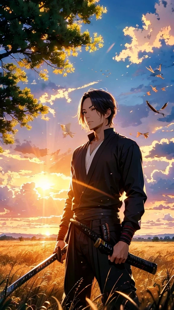 Man standing in a field with katana, birds flying around him, anime art wallpaper 8 k, the environment should look attractive, evening sunset, give detail to the man, the should look attractive, and give detail to katana, the environment must be bigger than man.