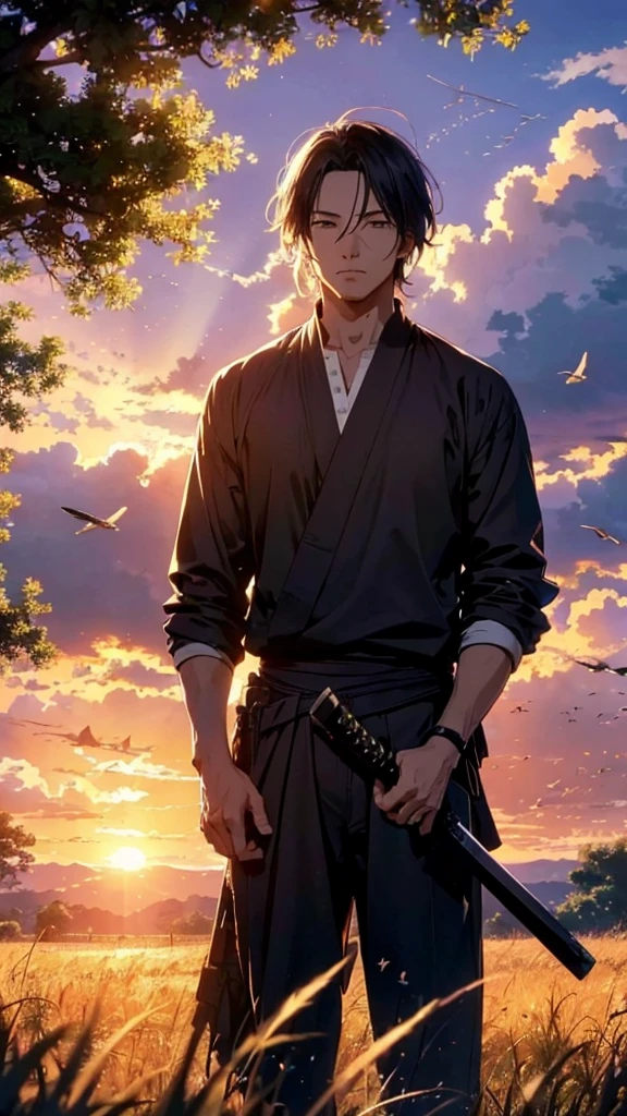 Man standing in a field with katana, birds flying around him, anime art wallpaper 8 k, the environment should look attractive, evening sunset, give detail to the man, the should look attractive, and give detail to katana, the environment must be bigger than man.