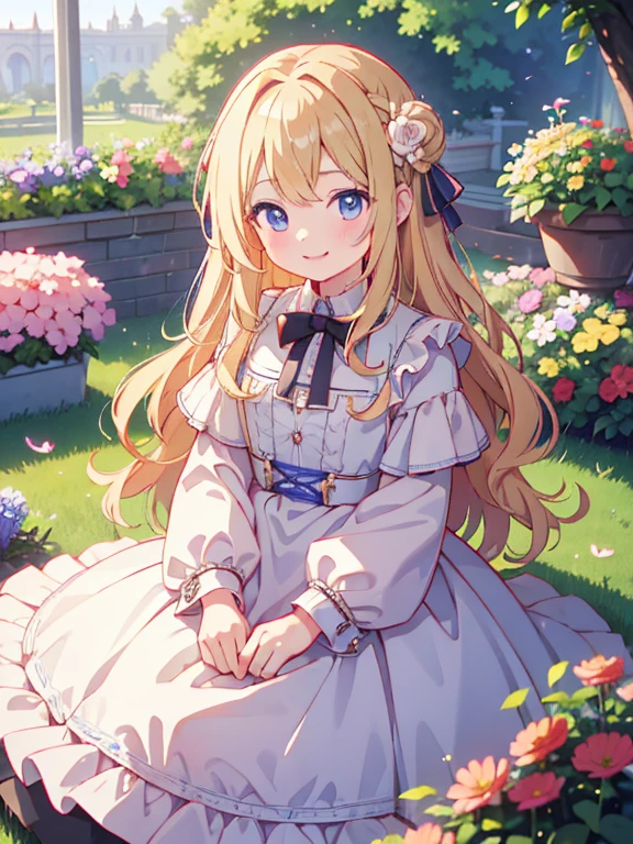 Masterpiece、Very detailed、Cowboy Shot、(A young girl around 12 years old、cute)、Long wavy blonde hair、smile、royal palace、garden、flower bed