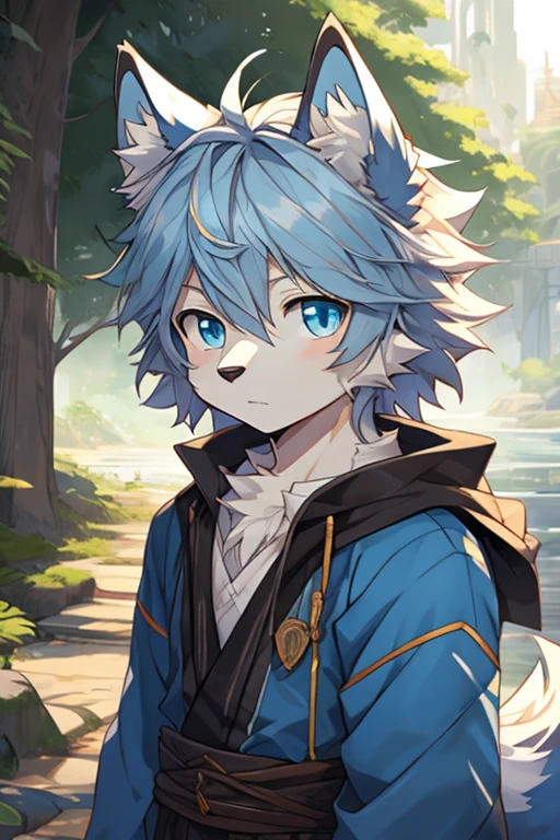 , White and blue fur, Shota, blue eyes, Messy hair, , short hair, masterpiece, Very detailed,，，独奏，，，Looking at the camera，Wolf&#39;s facial features，，Wolf paw，Wolf Tail，Happy expression，Blue ears，，black，Detailed lighting，Standing，Blue and white sweatshirt，sports shoes，whole body，On the beach，Blue and white sports shorts