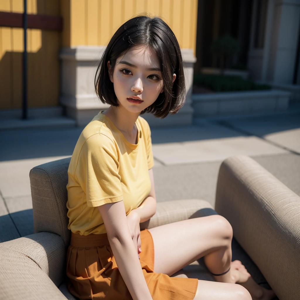 ((best quality)), ((masterpiece)), (detailed), A woman , short hair , yellow color hair , white skin. , black eyes, orange shirt , red skirt ,sweet , The background is theme park.
