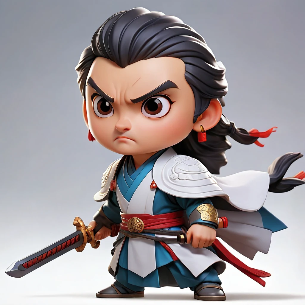 Q version,Two-dimensional character design,2 head body character,Zhao Yun,male,whole body,Middle-aged people,Serious expression,45 degree side,front,back,game character,Three Kingdoms Characters,Long gun,White robe general,helmet