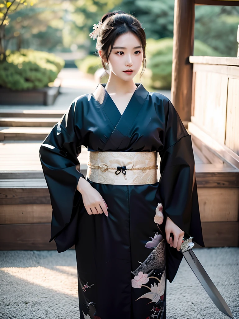 best quality, 8k, very delicate and beautiful, highly detailed face and skin texture, shiny skin, high resolution, beautiful japanese girl in black kimono grab a sword in japanese temple, full body, sharp focus