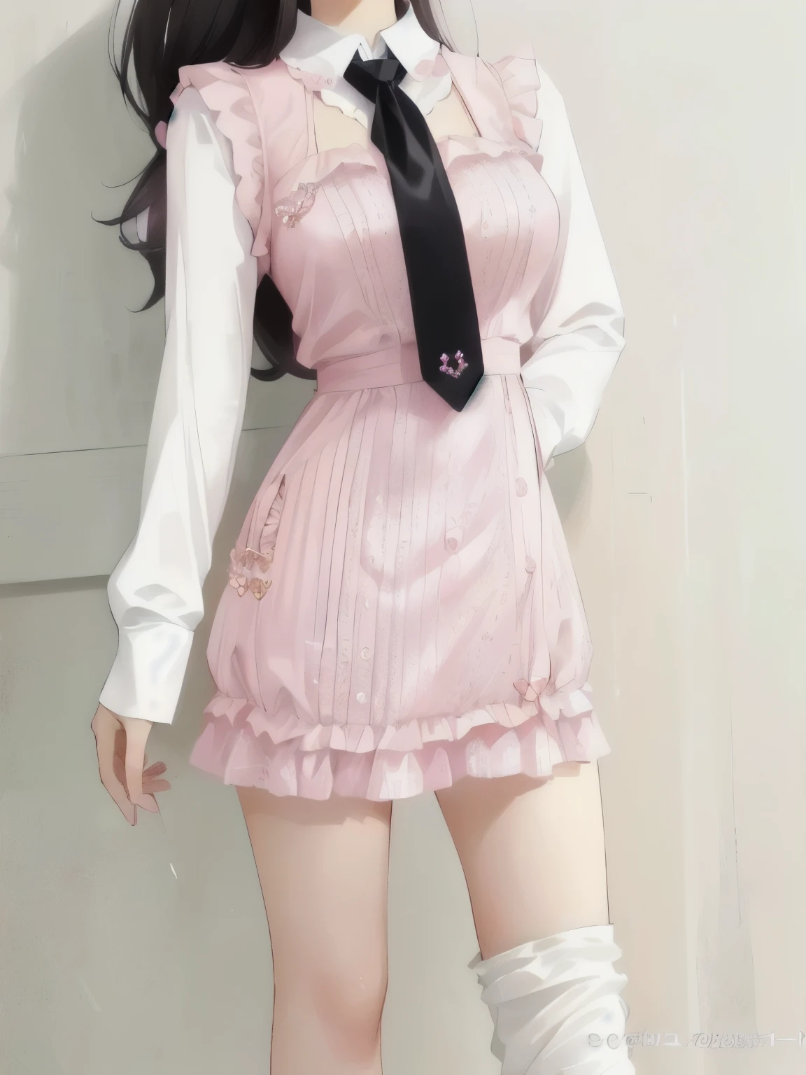 a close up of a woman wearing a pink dress and a black tie, pink clothes, y 2 k style, y2k style, pink dress, ulzzang, wearing a pink dress, preppy style, kawaii style, cute casual streetwear
