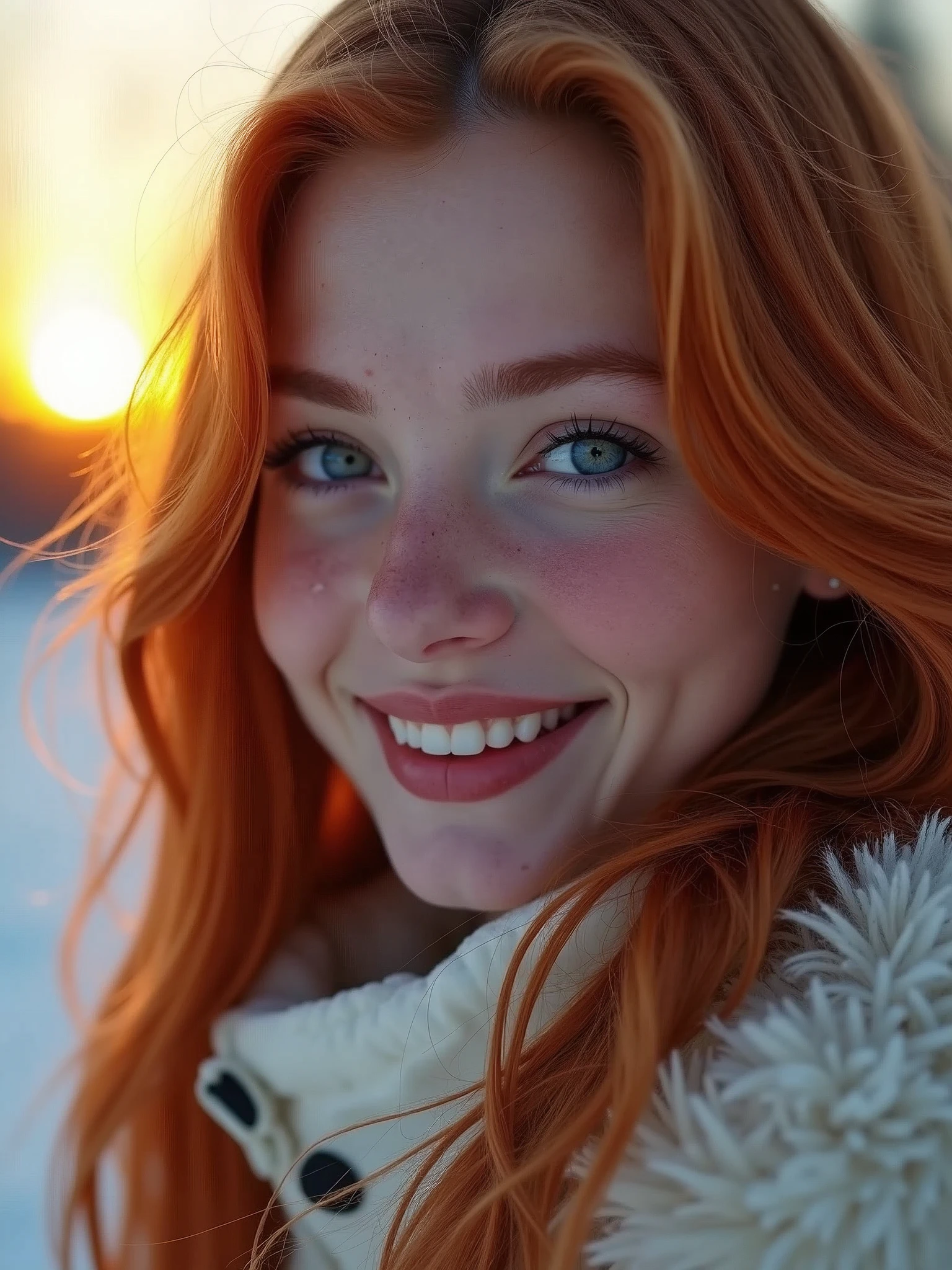 ((masterpiece, 8K, best quality, high resolution:1.3)), (a close-up of the face of a woman with long, slightly wavy red hair:1.2), (her eyebrows are thick and well-defined, matching the color of her hair:1.2), (her eyelashes are long and very black:1.2), (her eyes are very intense light blue:1.2), (her skin is very fair:1.2), (her mouth with full lips is lightly made up with red lipstick:1.2), (her cheeks are slightly flushed:1.2), (her face is covered with freckles:1.2), (her nose is sharp:1.2), (her smile reveals her beautiful and perfect white teeth:1.2), (she is wearing a white snowsuit because it is snowing:1.2), (the light is falling laterally on her face:1.2), (it is sunset:1.2), (RAW quality:1.2), (Canon EOS 5DS R camera, perfect for capturing the detail and beauty of the scene:1.2), (paired with the Canon EF 85mm f/1.4L IS USM lens:1.2), (the scene is illuminated with soft, warm sunset light:1.2), (her confident and joyful expression showcasing her natural beauty:1.2), Cinematic, Hyper-detailed, insane details, Beautifully color graded, Cinematic Lightning, Insanely detailed and intricate, Hyper maximalist, Volumetric, Full color, HDR, shallow depth of field, high budget Hollywood film, cinemascope, moody, epic, gorgeous, ((((19 years old))))