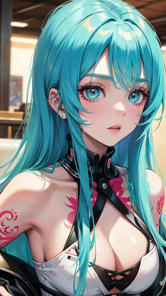 Turquoise hair anime girl with lots of tattoo