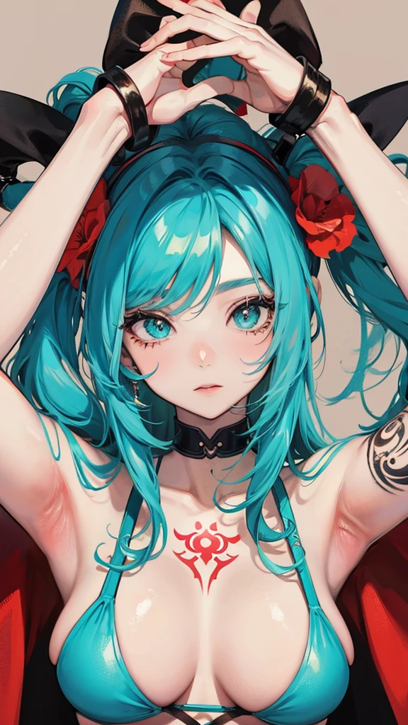 Turquoise hair anime girl with lots of tattoo