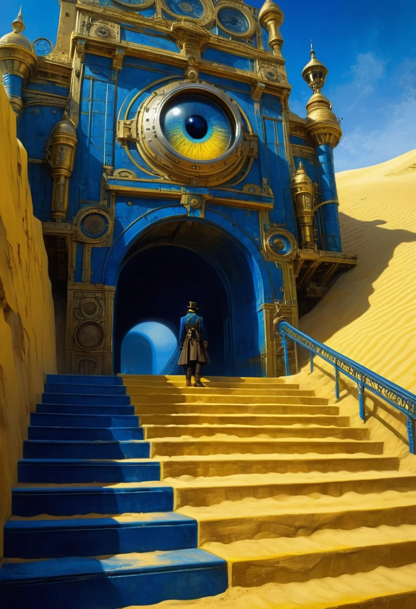 Crazy steampunk dude joining on his dream, new world coming into his eyes, big eye projecting scene, lurker, big stairs, big dunes of yellow sand, showing to the people the great news, showing to the crowd, ornaments, horror movie scene, dark blue and light yellow, blue and yellow, royal blue and golden yellow, 4D, 8K, photorealistic, dreamlike, big and complex composition, masterpiece, artwork by Jeremy Mann, artwork by Beksinski, artwork by Bernie Wrightson, artwork by René Magrite, Surrealism, Impressionism