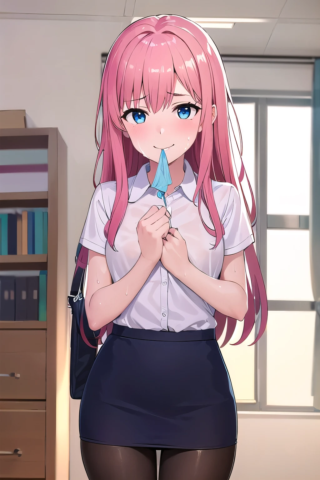 Highest quality, (masterpiece:1.2), Very detailed,
One girl, alone,
View your viewers, Embarrassed expression, Medium chest,
Light blue eyes, pink Hair, Eyes without light、Medium-long hair、Permed hair、((pantyhose))、Bedroom、((office worker))、((Pencil Skirt))、(eiza:1.2), holds a condom bag in her mouth, BRAKE (sweat:1.5), (steam:1.2), (masturbation:1.2), (girl trembling with sexual climax:1.1), (looking at viewer:1.3), (smile:1.3)