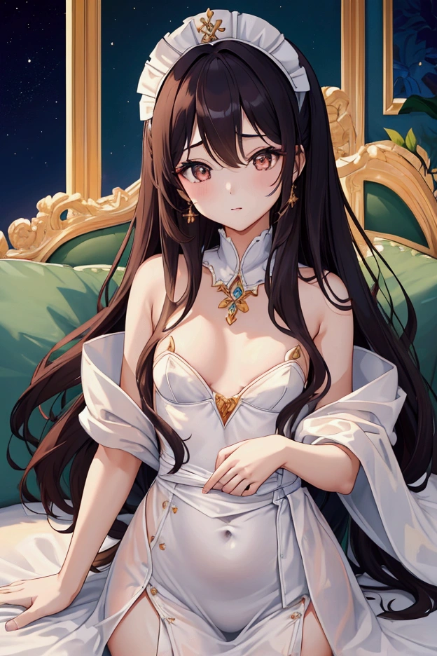 Highest quality, masterpiece, Ultra-high resolution, female、Flat chest、20-year-old、maid、Underdeveloped body、The child's body shape remains、A waist that is not very tight、Long Hair、I'll try my best to bring out the sexiness、An almost non-existent cleavage line