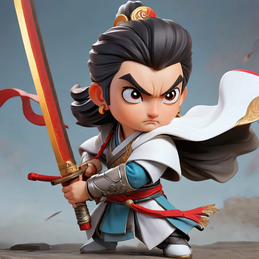 Q version，Two-dimensional character design，2 head body character，Zhao Yun，male，whole body，Middle-aged people，Serious expression，45 degree side，front，back，game character，Three Kingdoms Characters，Long gun，White robe general，helmet，Standing，Standby