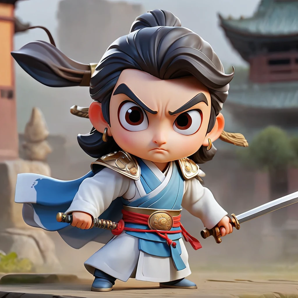 Q version,Two-dimensional character design,2 head body character,Zhao Yun,male,whole body,Middle-aged people,Serious expression,45 degree side,front,back,game character,Three Kingdoms Characters,Long gun,White robe general,helmet,Standing,Standby