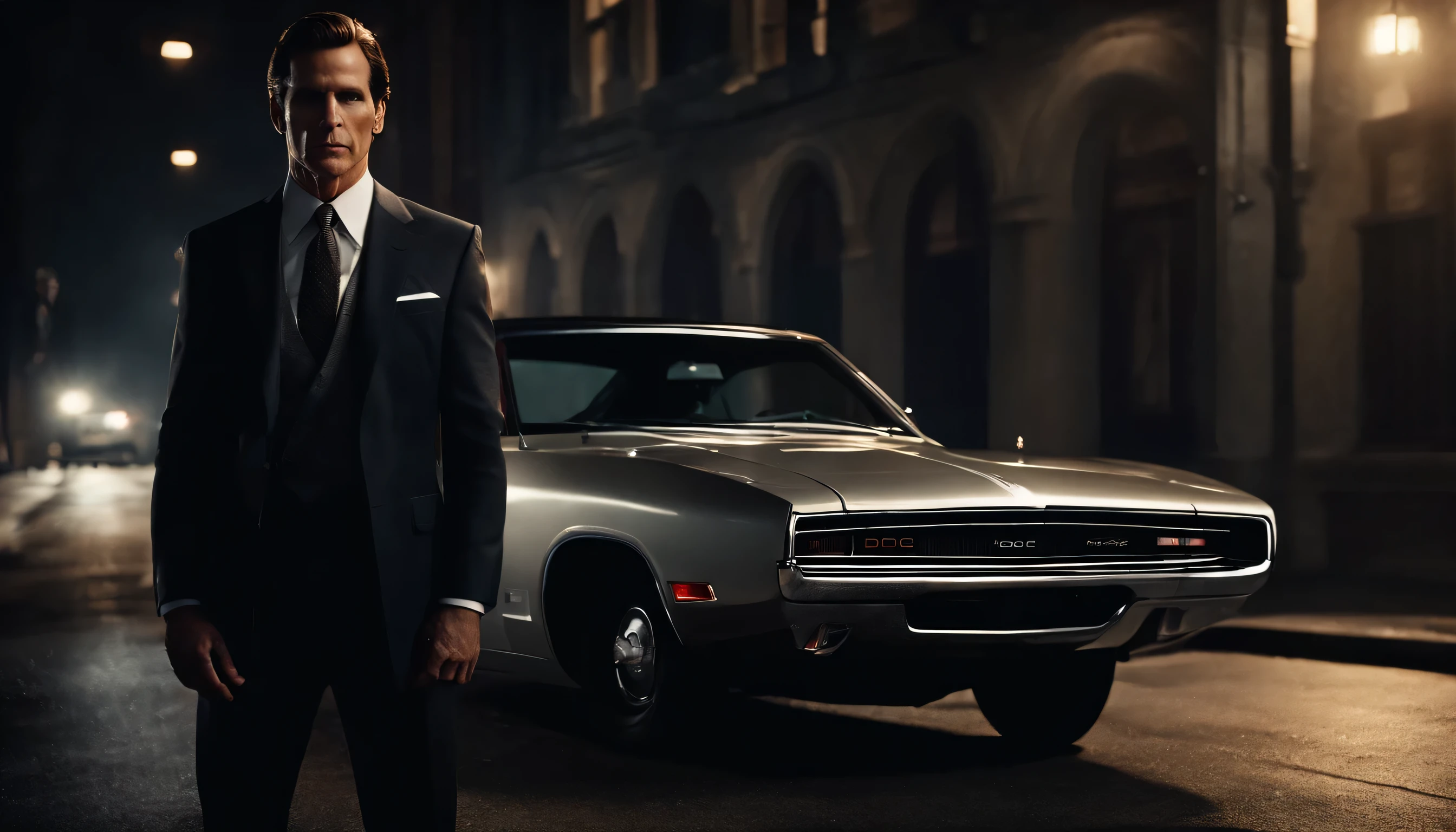a highly detailed photorealistic portrait of patrick bateman, intense gaze, sharp facial features, well-groomed appearance, wearing an elegant suit, standing next to a classic dodge charger car, dramatic lighting, cinematic composition, dark moody atmosphere, ultra-detailed, 8k, photorealistic, masterpiece