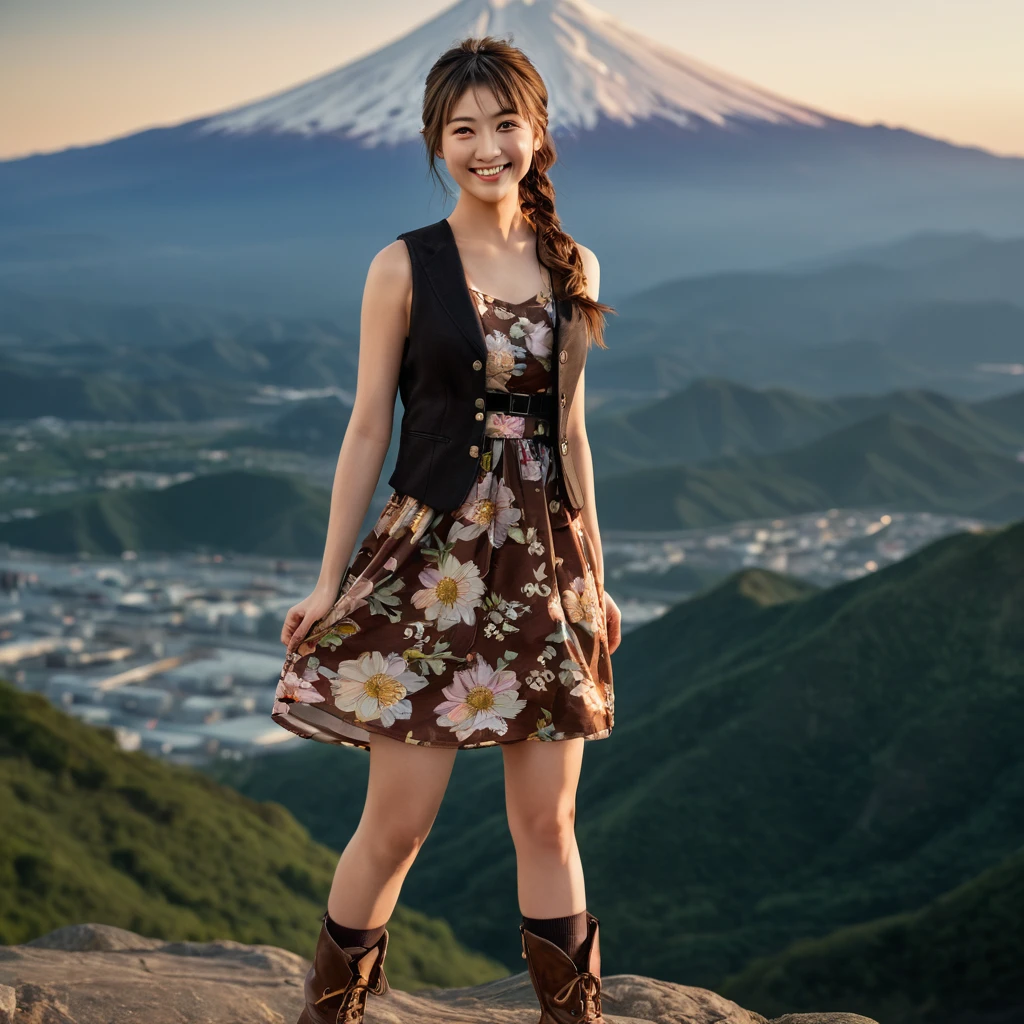 master piece,standing , raise one leg,Highest quality,Very detailed,Nikon D850 film stock photo, 1 1 1.6 Lenses, Rich colors, Realistic, Cinestill 800, Backlight, Rim Light, Studio Lighting,a girl, one girl,solo focus,alone,8k,raw photo,Japanese women,Age 25,Fair skin,Beautiful eyes,Clear,Detailed eyes,smile,teeth,side ponytail(brown),g cup bust,(Floral print dress:1.3), (Vest:1.2), Ankle boots,background:mountain,one girl