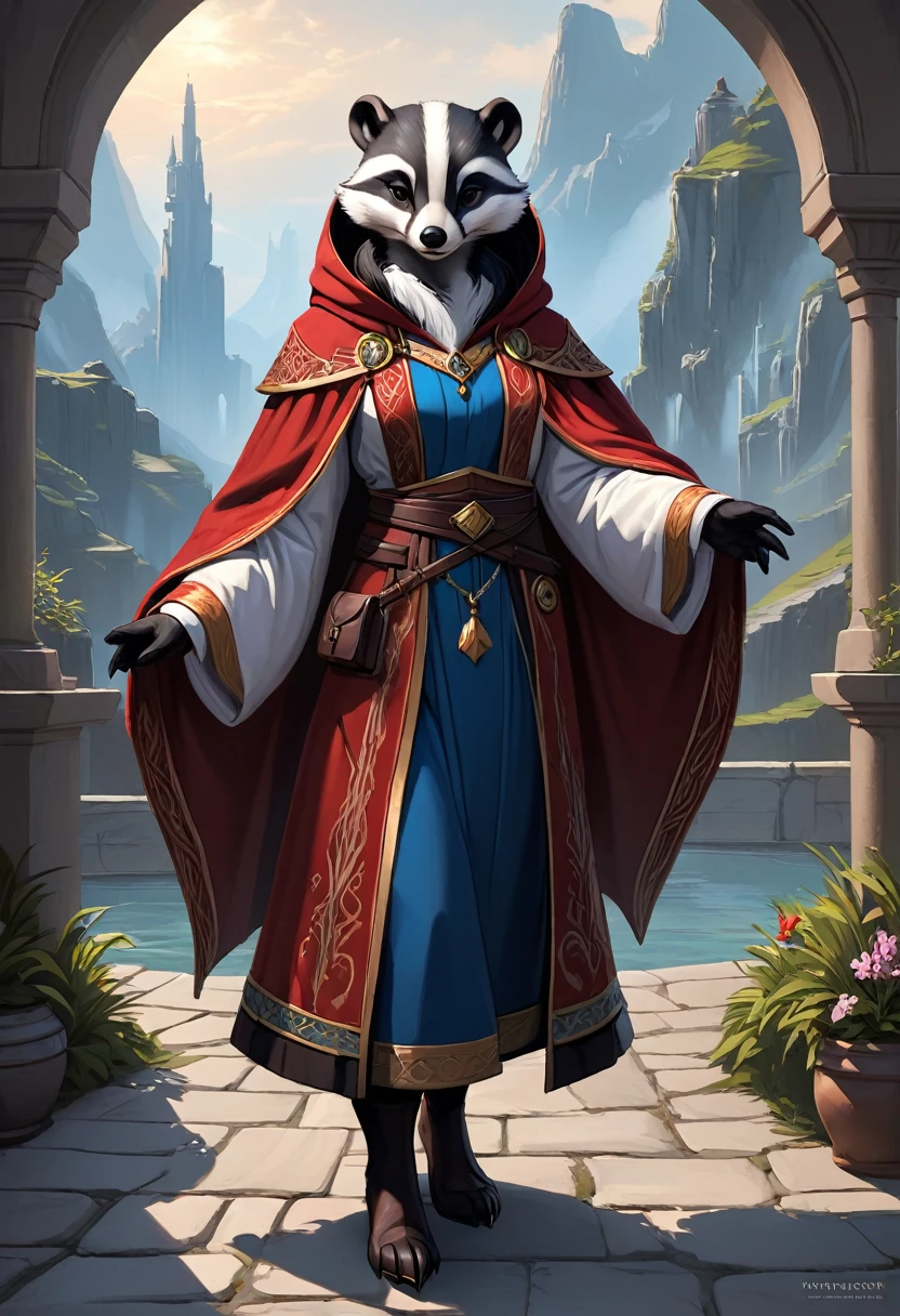 Anthropomorphic badger mage. Official Art – Charecter profile. An Award-Winning Digital Masterpiece In 4K Ultra HD, Extreme Detail And Intricate Realism. Symmetrical Face. This Concept Art Brought To Life By The Hands Of Artists Like Wlop & Artgerm In A Stunning 2D Vector Illustration.Background Is A Panoramic Vista.