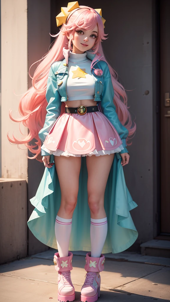 A young woman with long, loose hair in pastel pink and blue tones, dressed as a stylish version of the Super Mario character Peach. She is in a setting reminiscent of the Mushroom Kingdom, with question marks and green tubes in the background. Her outfit is a mix of modern fashion with iconic elements from the game, including a pink tulle skirt, a light blue leather jacket, and white platform boots. She holds a video game controller in one hand and looks directly into the camera with a confident smile.. In a corner, there is a subtle detail of a Super Mario star shining.