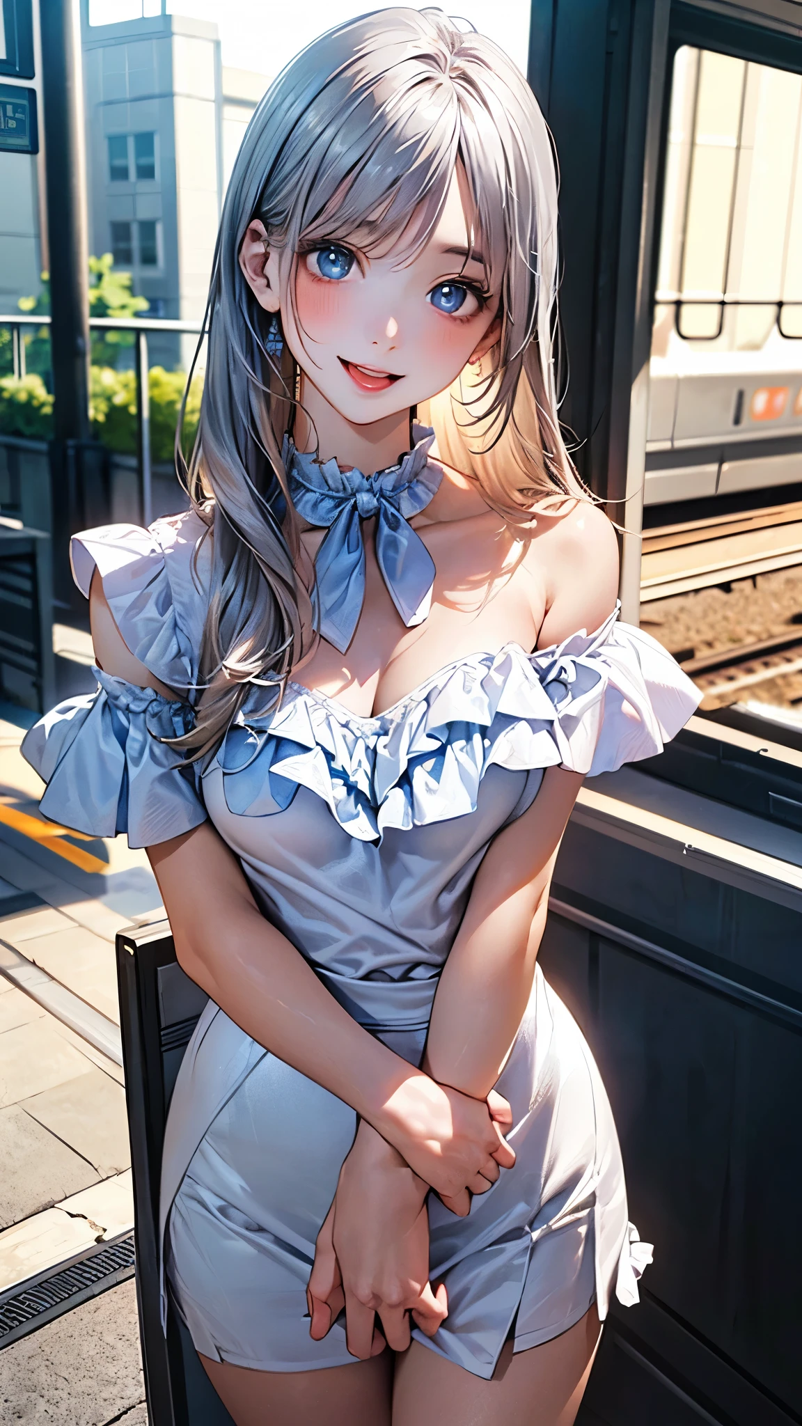 (masterpiece:1.2, top-quality), (realistic, photorealistic:1.4), beautiful illustration, (natural side lighting, movie lighting), depth of fields, nsfw,
beautiful detailed hair, beautiful detailed face, beautiful detailed eyes, beautiful clavicle, beautiful body, beautiful chest, beautiful thigh, beautiful legs,
looking at viewer, 1 girl, 12 years old, (perfect anatomy, anatomically correct, super detailed skin), cute and symmetrical face, perfect face, perfect eyes,
(long hair:1.5, straight hair:1.4, silver hair), swept bangs, blue eyes, big eyes, long eye lasher, (medium breasts, seductive thighs), perfect body, shiny skin, pink skin,
(short sleeve), break ((open shoulder puff sleeve light blue neck frills blouse)), break (middle length white skirt), break
(beautiful scenery), evening, (train station), standing, (lovely smile, open mouth slightly),