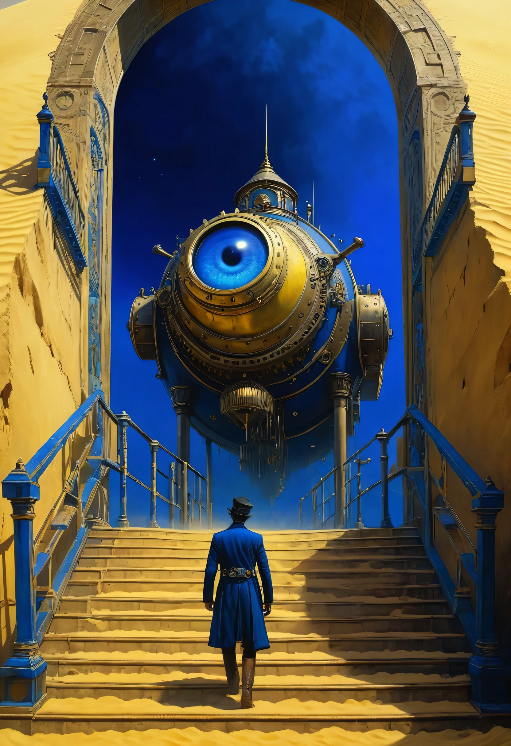 Crazy steampunk dude joining on his dream, new world coming into his eyes, big eye projecting scene, lurker, big stairs, big dunes of yellow sand, showing to the people the great news, showing to the crowd, ornaments, horror movie scene, dark blue and light yellow, blue and yellow, royal blue and golden yellow, 4D, 8K, photorealistic, dreamlike, big and complex composition, masterpiece, artwork by Jeremy Mann, artwork by Beksinski, artwork by Bernie Wrightson, artwork by René Magrite, Surrealism, Impressionism