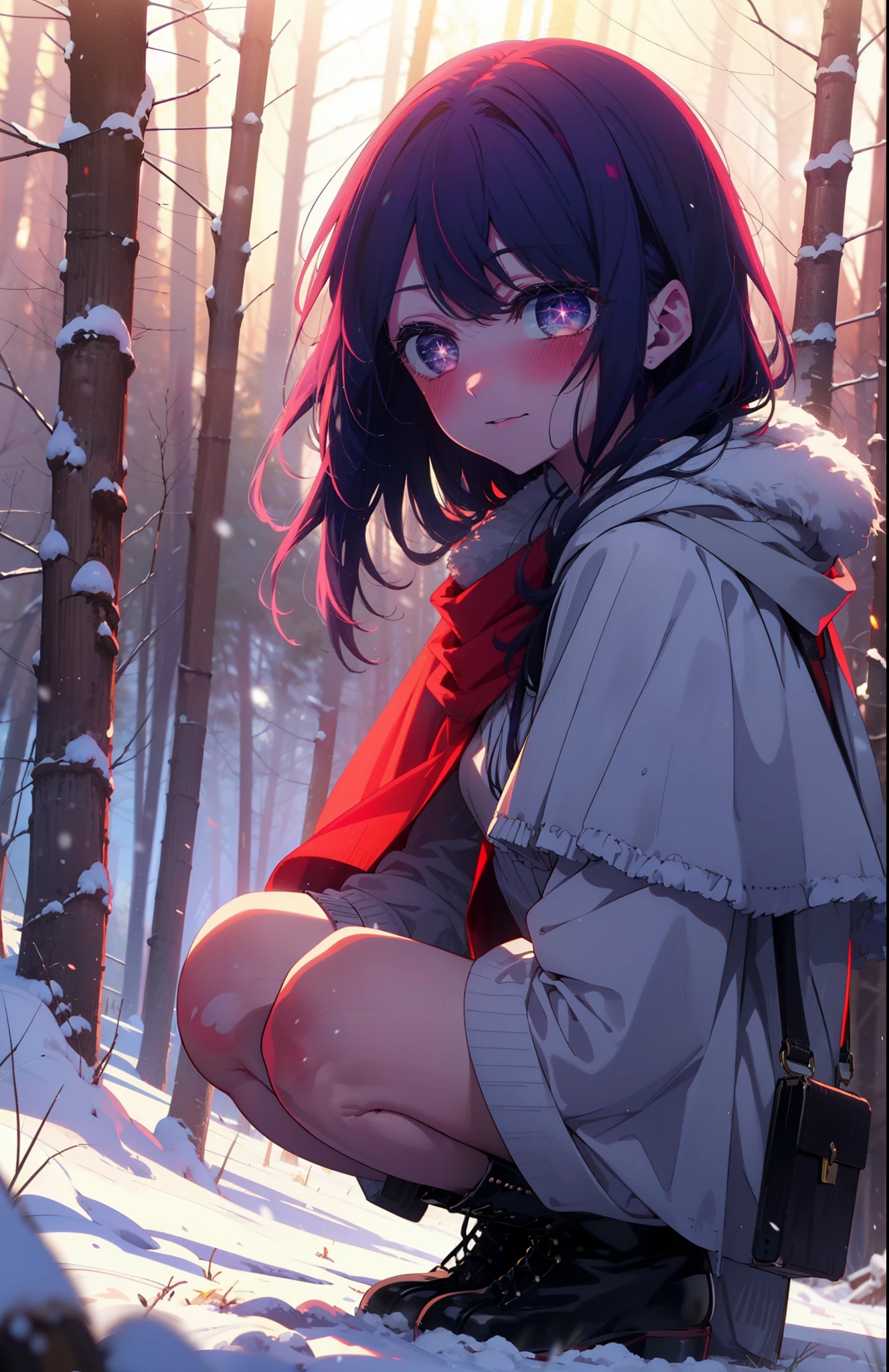 aihoshino, Ai Hoshino, Long Hair, bangs, (Purple eyes:1.1), Purple Hair, (Symbol-shaped pupil:1.5), smile,,smile,blush,white breath,
Open your mouth,snow,Ground bonfire, Outdoor, boots, snowing, From the side, wood, suitcase, Cape, Blurred, , forest, White handbag, nature,  Squat, Mouth closed, Cape, winter, Written boundary depth, Black shoes, red Cape break looking at viewer, Upper Body, whole body, break Outdoor, forest, nature, break (masterpiece:1.2), Highest quality, High resolution, unity 8k wallpaper, (shape:0.8), (Beautiful and beautiful eyes:1.6), Highly detailed face, Perfect lighting, Extremely detailed CG, (Perfect hands, Perfect Anatomy),