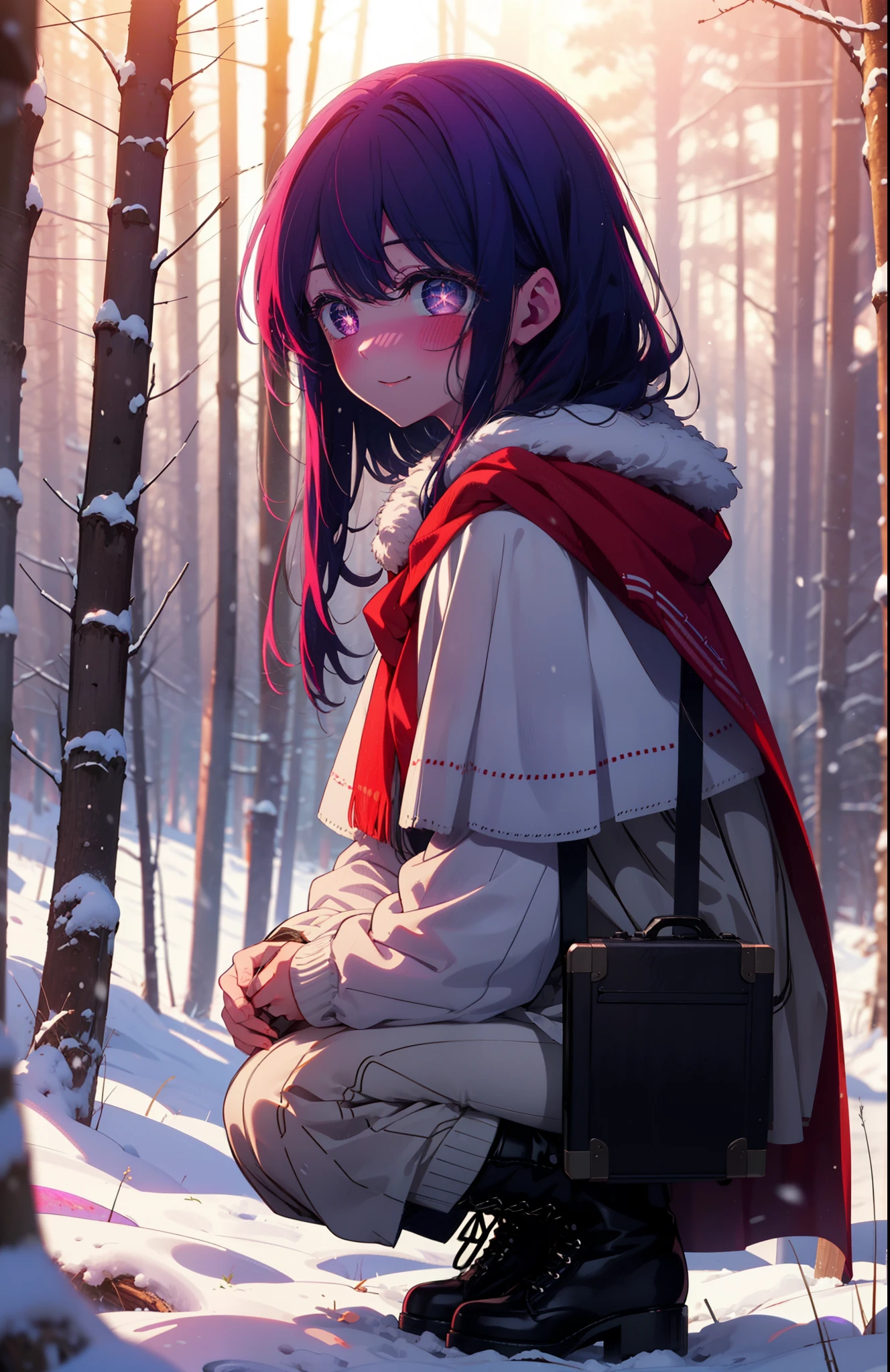 aihoshino, Ai Hoshino, Long Hair, bangs, (Purple eyes:1.1), Purple Hair, (Symbol-shaped pupil:1.5), smile,,smile,blush,white breath,
Open your mouth,snow,Ground bonfire, Outdoor, boots, snowing, From the side, wood, suitcase, Cape, Blurred, , forest, White handbag, nature, Squat, Mouth closed, Cape, winter, Written boundary depth, Black shoes, red Cape break looking at viewer, Upper Body, whole body, break Outdoor, forest, nature, break (masterpiece:1.2), Highest quality, High resolution, unity 8k wallpaper, (shape:0.8), (Beautiful and beautiful eyes:1.6), Highly detailed face, Perfect lighting, Extremely detailed CG, (Perfect hands, Perfect Anatomy),