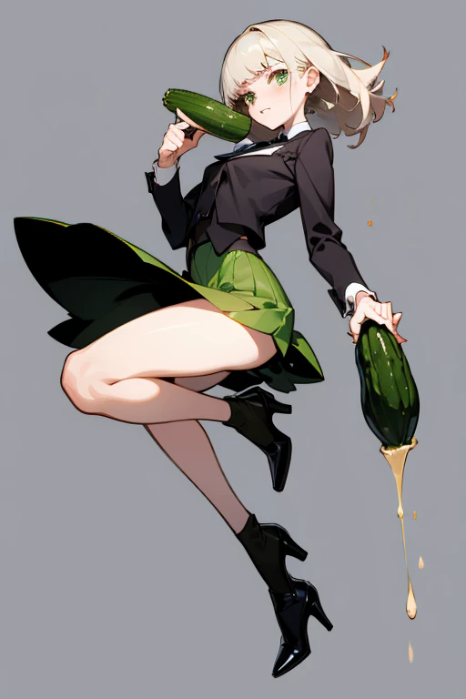 A young woman wears a micro skirt and high heels holding a cucumber with a scared expression 